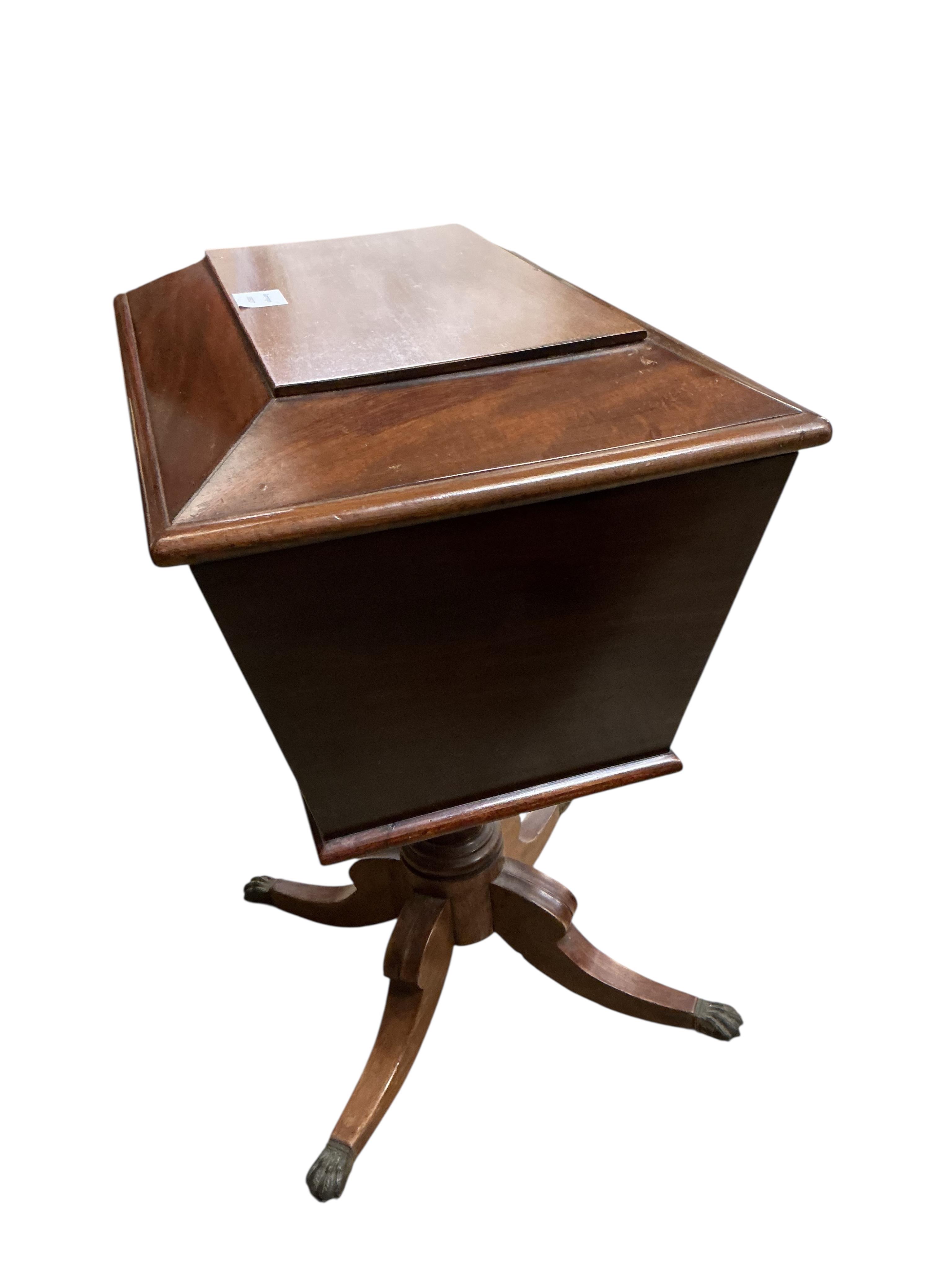 A Regency mahogany work box, width 57cm, depth 36cm, height 66cm